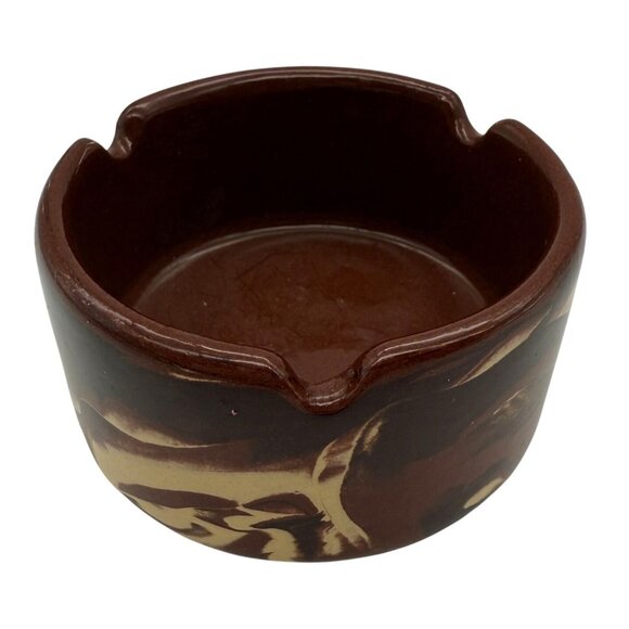 Vtg Clays in Calico Pottery Ashtray Cardwell Montana Marbled Brown Cream Signed - Picture 3 of 8